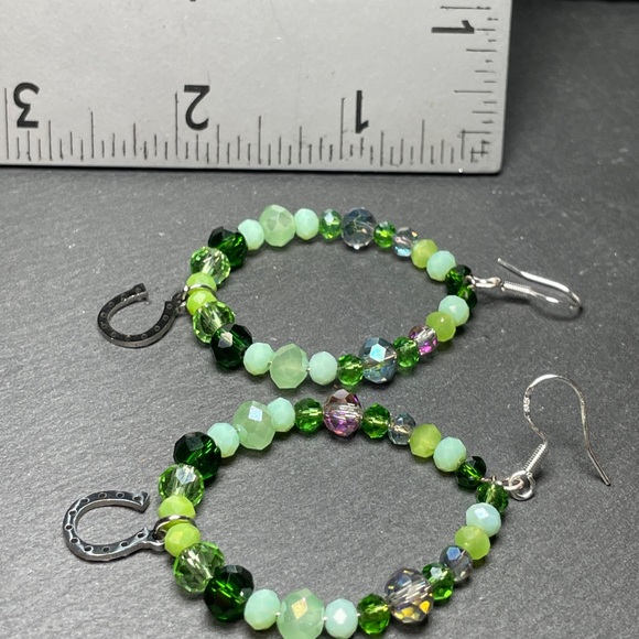 Lucky Horse Shoe Green Czech Crystal Hoop Earrings - Picture 8 of 11